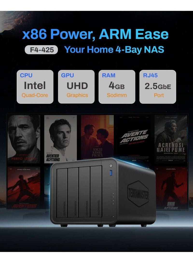 TERRAMASTER F4-425 4-Bay NAS Storage – Intel x86 Quad-Core CPU, 4GB RAM, 2.5GbE LAN, Network Attached Storage Multimedia Server for Home Users | 24TB Bundle (3 X 8TB WD Red Plus) - Image 2